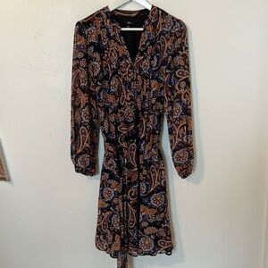 JBS Paisley Long Sleeve Deep V-Neck Dress with Belt at waist size 8